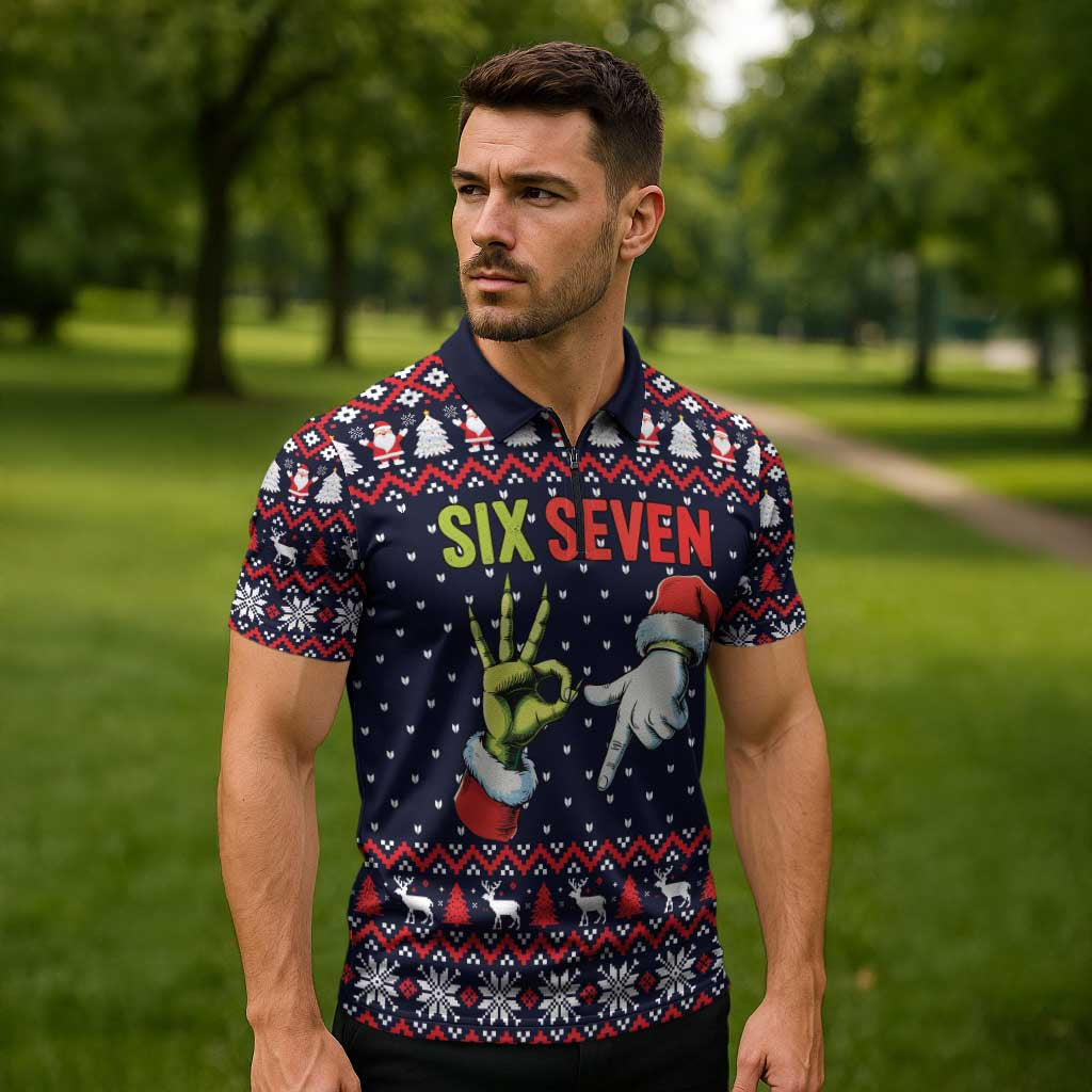 Grinch Hand Six Seven Xmas Zipper Polo Shirt Meme Gen Alpha Slang - Wonder Print Shop