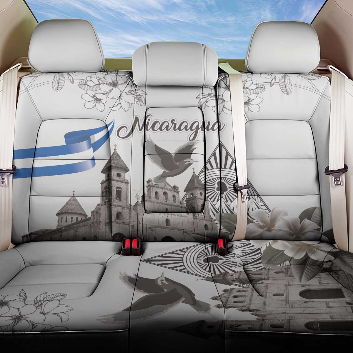 Nicaragua Leon Cathedral Back Car Seat Cover Motmot with Plumeria Style - Wonder Print Shop