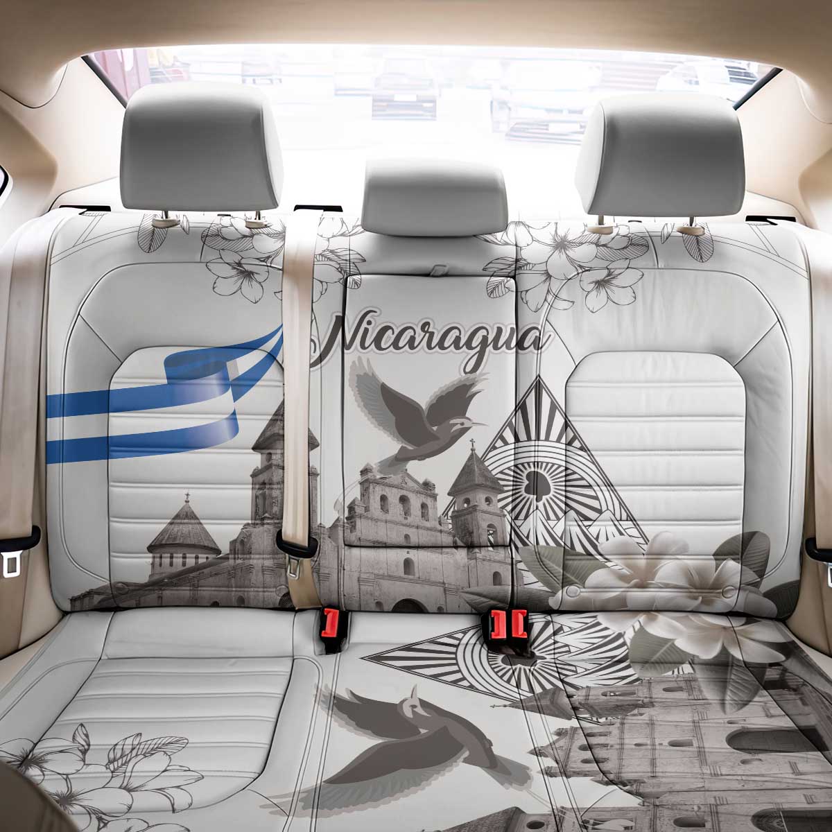 Nicaragua Leon Cathedral Back Car Seat Cover Motmot with Plumeria Style - Wonder Print Shop