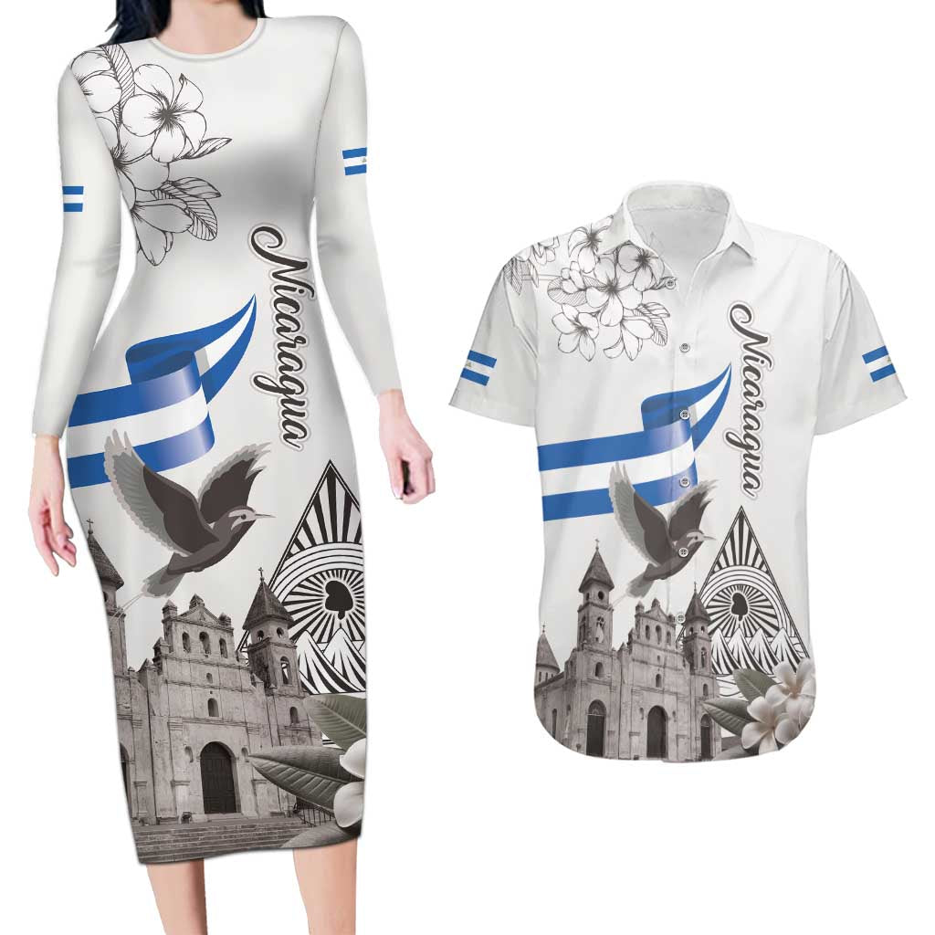 Nicaragua Leon Cathedral Couples Matching Long Sleeve Bodycon Dress and Hawaiian Shirt Motmot with Plumeria Style - Wonder Print Shop