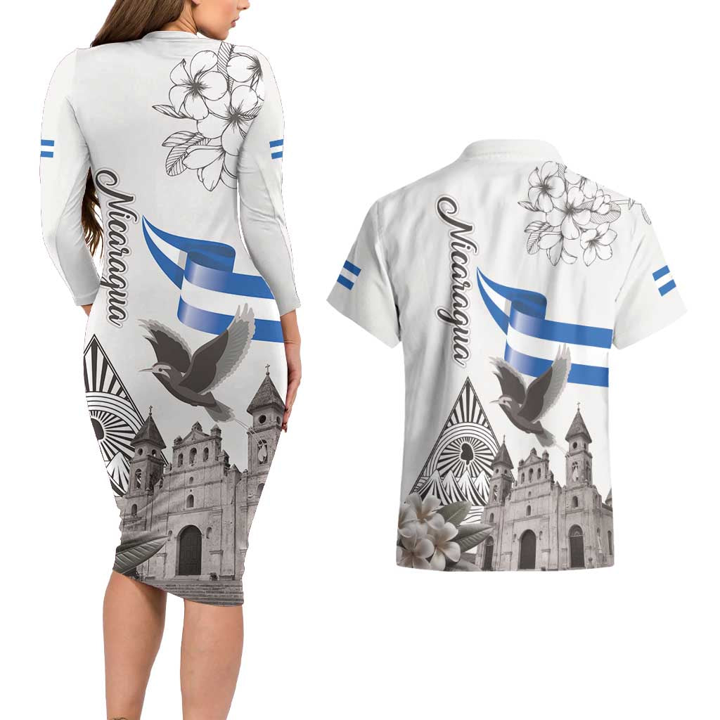 Nicaragua Leon Cathedral Couples Matching Long Sleeve Bodycon Dress and Hawaiian Shirt Motmot with Plumeria Style - Wonder Print Shop