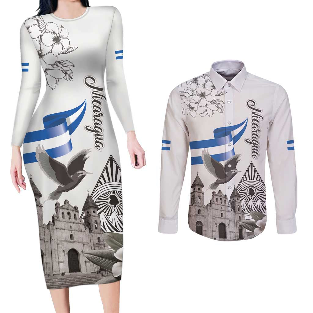Nicaragua Leon Cathedral Couples Matching Long Sleeve Bodycon Dress and Long Sleeve Button Shirt Motmot with Plumeria Style - Wonder Print Shop