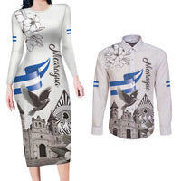 Nicaragua Leon Cathedral Couples Matching Long Sleeve Bodycon Dress and Long Sleeve Button Shirt Motmot with Plumeria Style - Wonder Print Shop