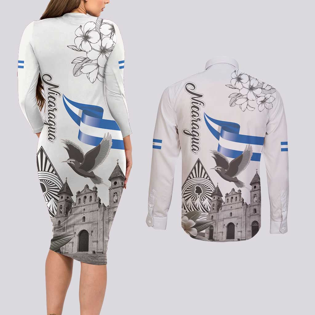 Nicaragua Leon Cathedral Couples Matching Long Sleeve Bodycon Dress and Long Sleeve Button Shirt Motmot with Plumeria Style - Wonder Print Shop