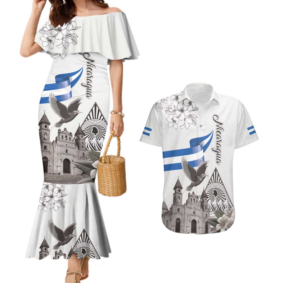 Nicaragua Leon Cathedral Couples Matching Mermaid Dress and Hawaiian Shirt Motmot with Plumeria Style - Wonder Print Shop