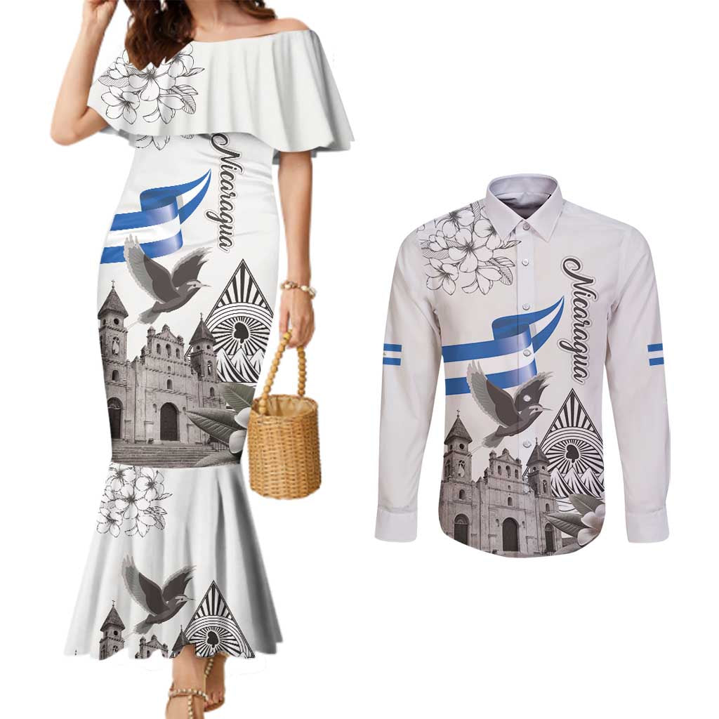 Nicaragua Leon Cathedral Couples Matching Mermaid Dress and Long Sleeve Button Shirt Motmot with Plumeria Style - Wonder Print Shop