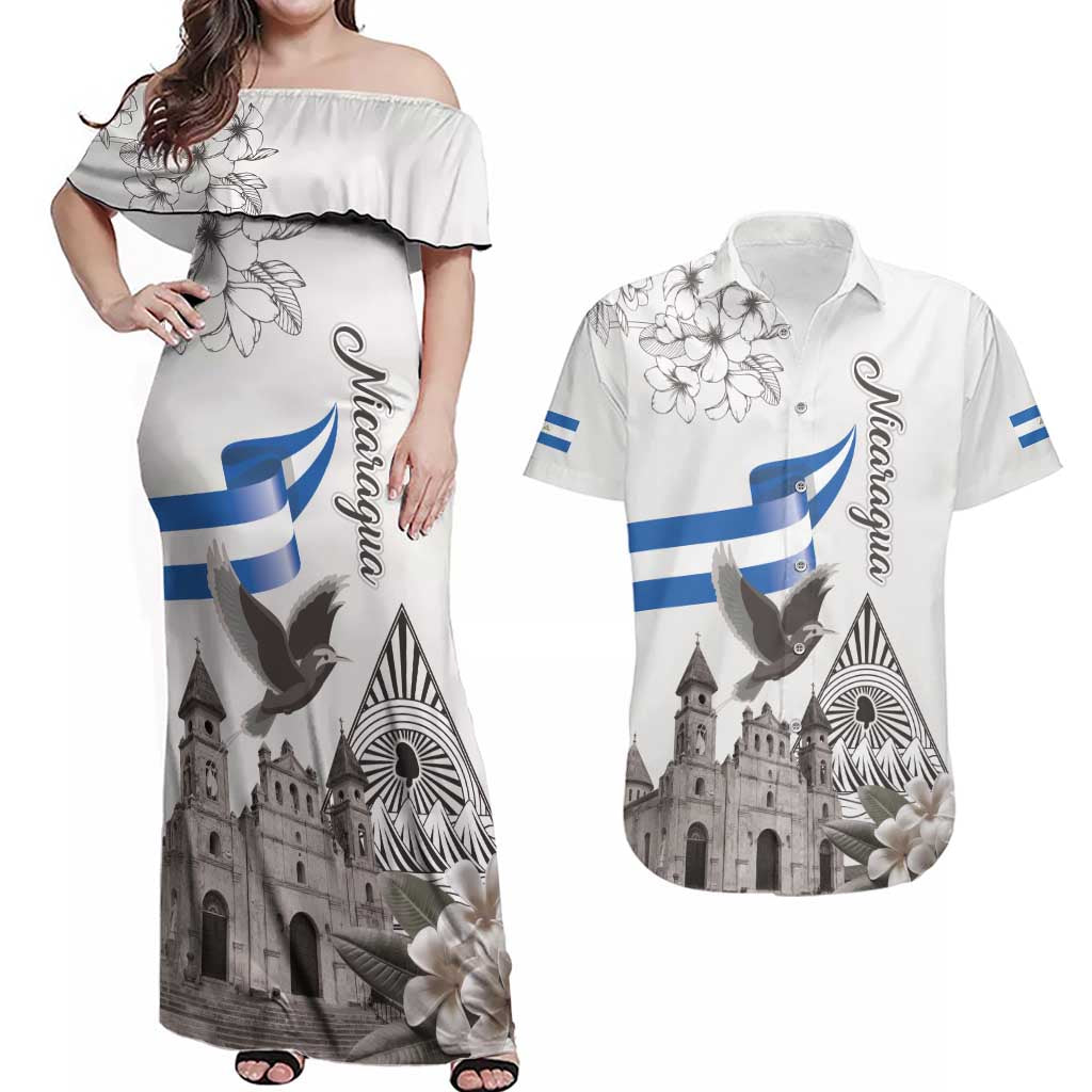 Nicaragua Leon Cathedral Couples Matching Off Shoulder Maxi Dress and Hawaiian Shirt Motmot with Plumeria Style - Wonder Print Shop