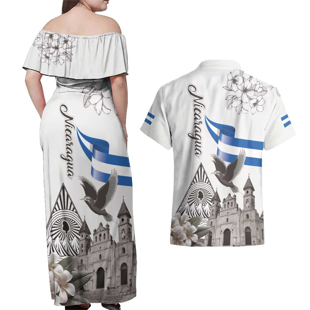 Nicaragua Leon Cathedral Couples Matching Off Shoulder Maxi Dress and Hawaiian Shirt Motmot with Plumeria Style - Wonder Print Shop