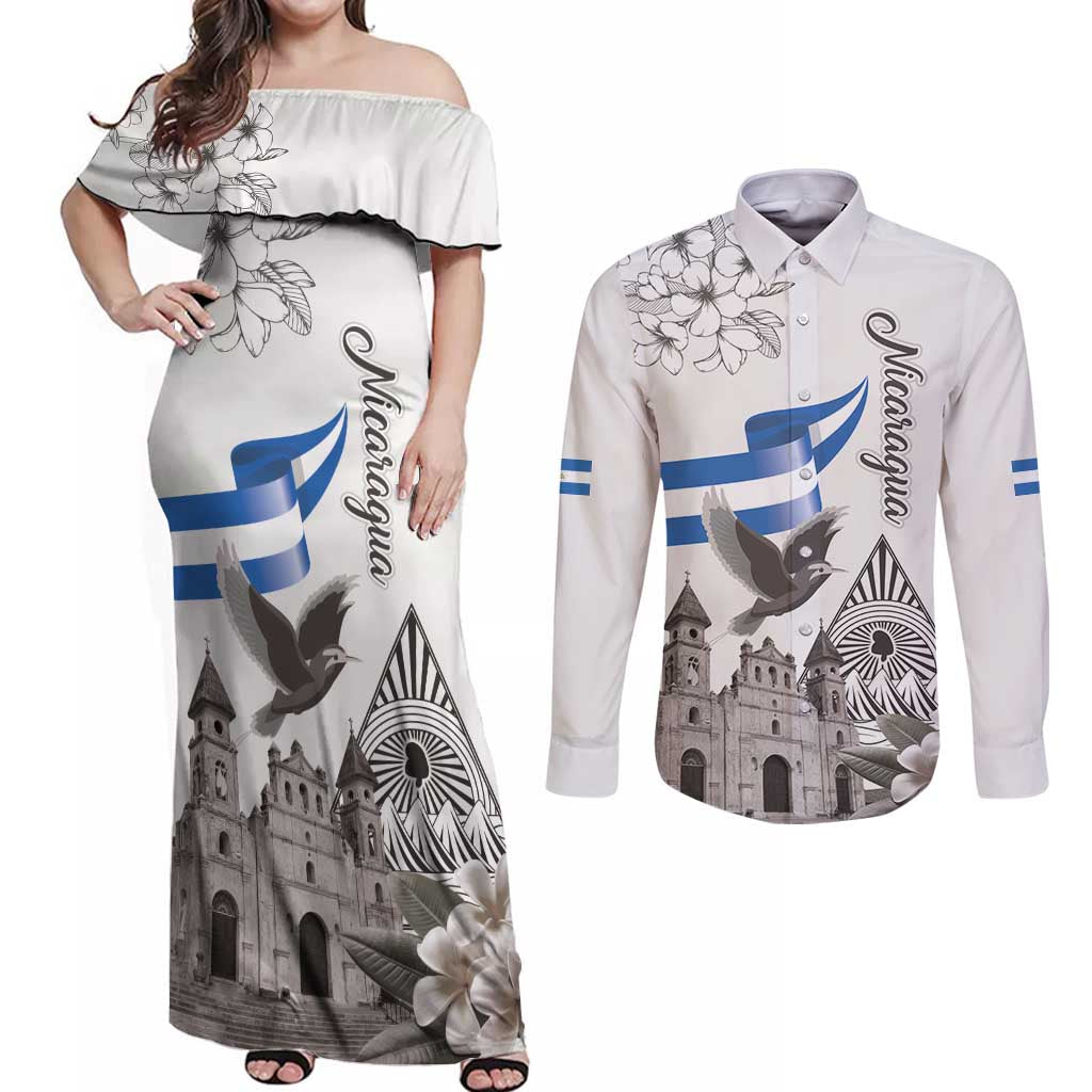 Nicaragua Leon Cathedral Couples Matching Off Shoulder Maxi Dress and Long Sleeve Button Shirt Motmot with Plumeria Style - Wonder Print Shop