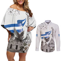 Nicaragua Leon Cathedral Couples Matching Off Shoulder Short Dress and Long Sleeve Button Shirt Motmot with Plumeria Style - Wonder Print Shop