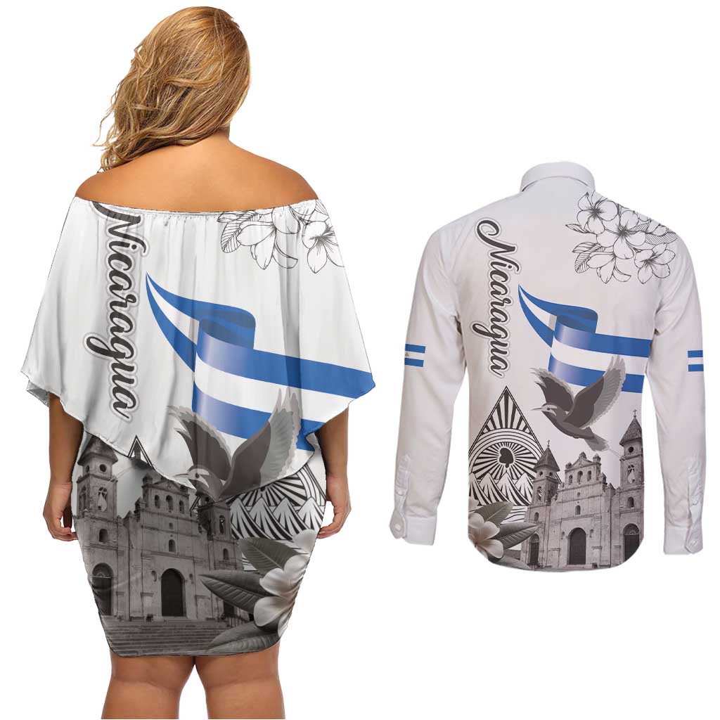 Nicaragua Leon Cathedral Couples Matching Off Shoulder Short Dress and Long Sleeve Button Shirt Motmot with Plumeria Style - Wonder Print Shop