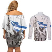 Nicaragua Leon Cathedral Couples Matching Off Shoulder Short Dress and Long Sleeve Button Shirt Motmot with Plumeria Style - Wonder Print Shop