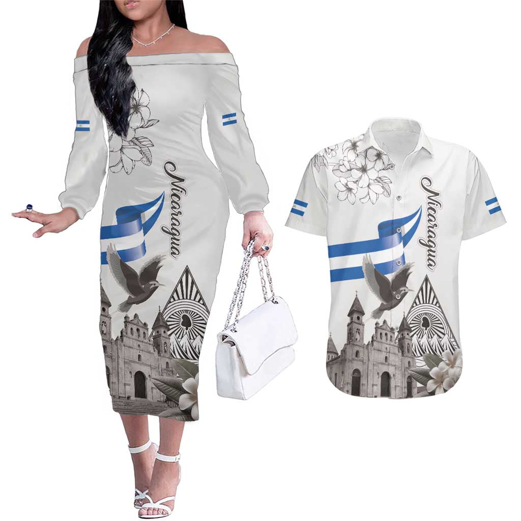 Nicaragua Leon Cathedral Couples Matching Off The Shoulder Long Sleeve Dress and Hawaiian Shirt Motmot with Plumeria Style - Wonder Print Shop