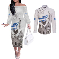 Nicaragua Leon Cathedral Couples Matching Off The Shoulder Long Sleeve Dress and Long Sleeve Button Shirt Motmot with Plumeria Style - Wonder Print Shop