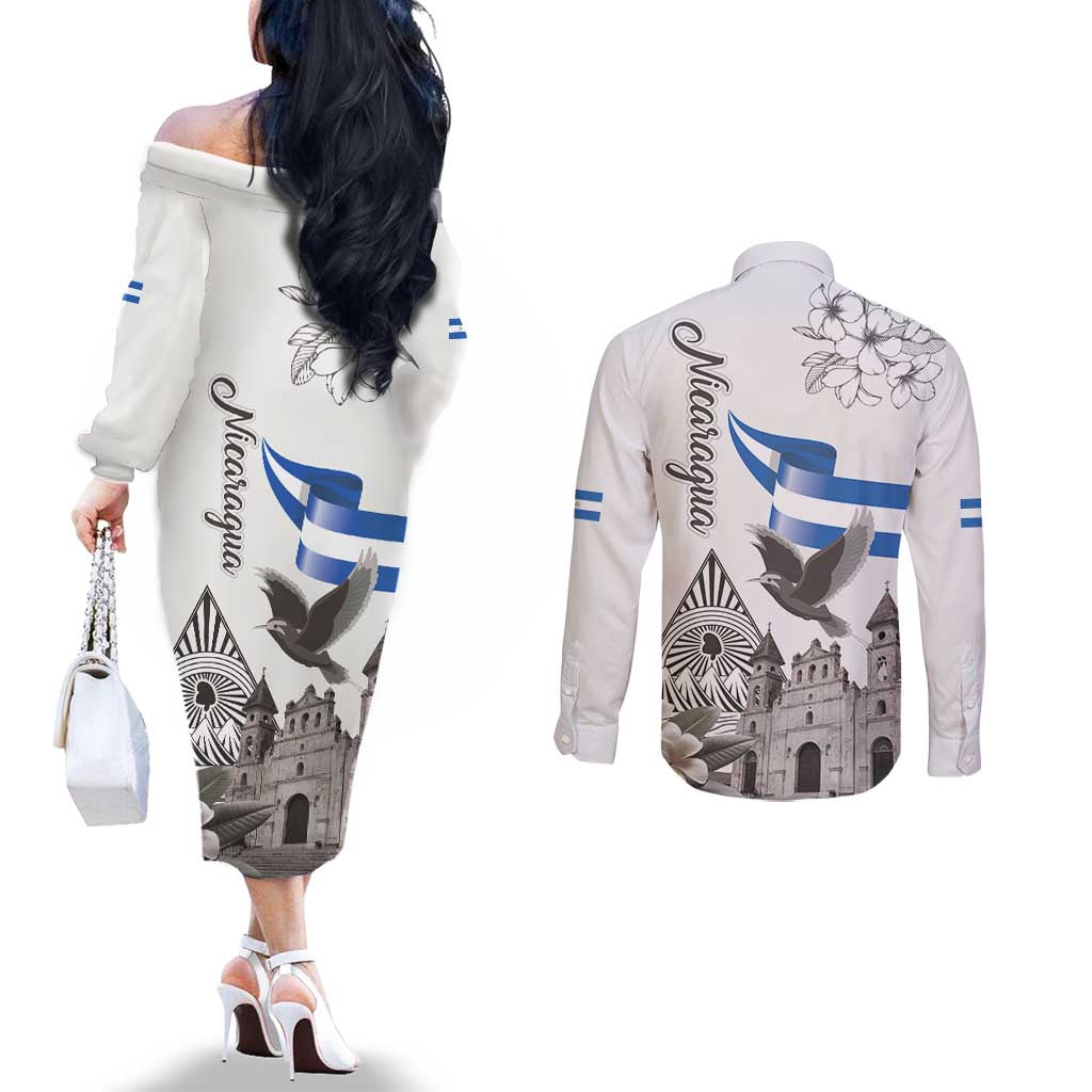 Nicaragua Leon Cathedral Couples Matching Off The Shoulder Long Sleeve Dress and Long Sleeve Button Shirt Motmot with Plumeria Style - Wonder Print Shop