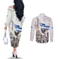 Nicaragua Leon Cathedral Couples Matching Off The Shoulder Long Sleeve Dress and Long Sleeve Button Shirt Motmot with Plumeria Style - Wonder Print Shop