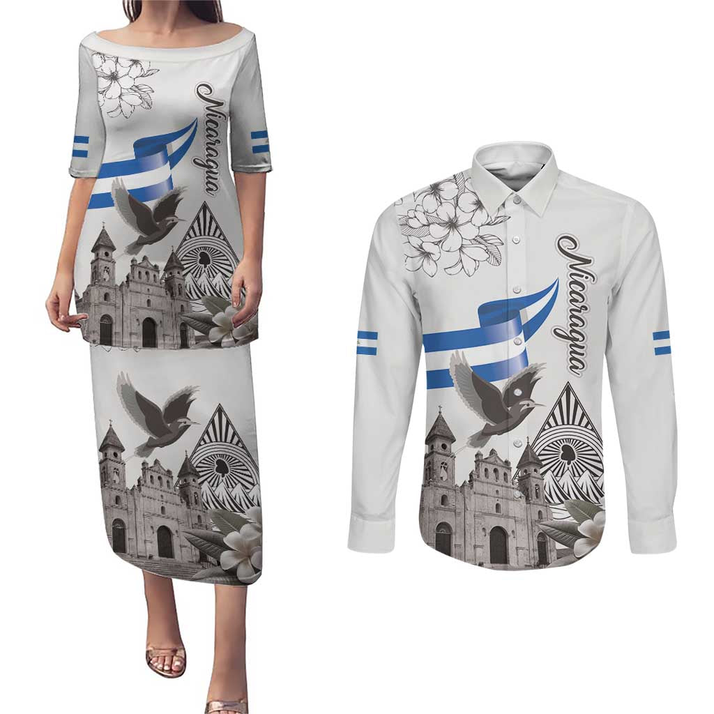 Nicaragua Leon Cathedral Couples Matching Puletasi and Long Sleeve Button Shirt Motmot with Plumeria Style - Wonder Print Shop