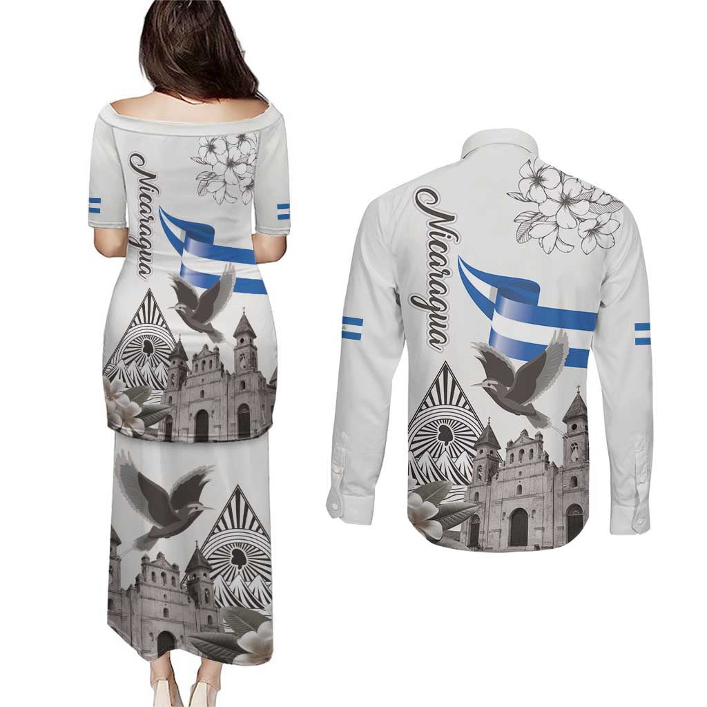 Nicaragua Leon Cathedral Couples Matching Puletasi and Long Sleeve Button Shirt Motmot with Plumeria Style - Wonder Print Shop