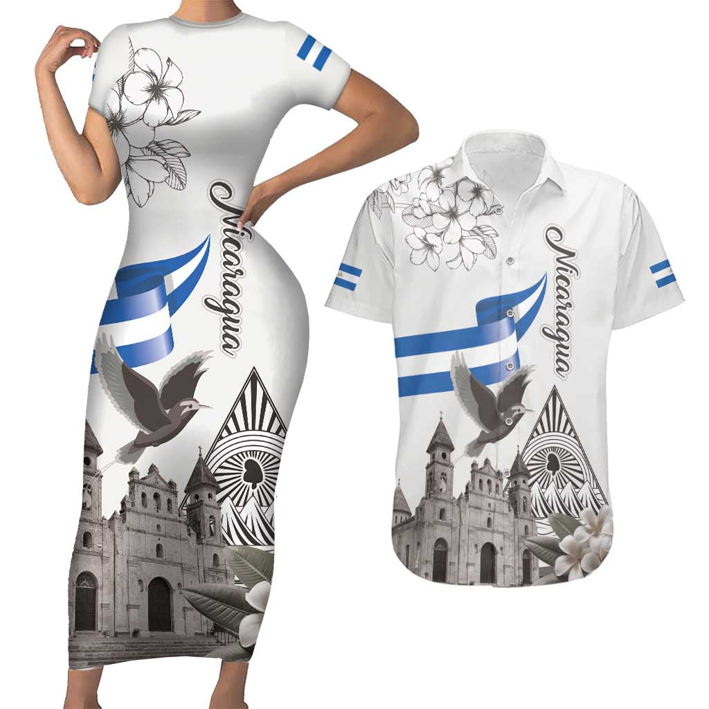 Nicaragua Leon Cathedral Couples Matching Short Sleeve Bodycon Dress and Hawaiian Shirt Motmot with Plumeria Style - Wonder Print Shop