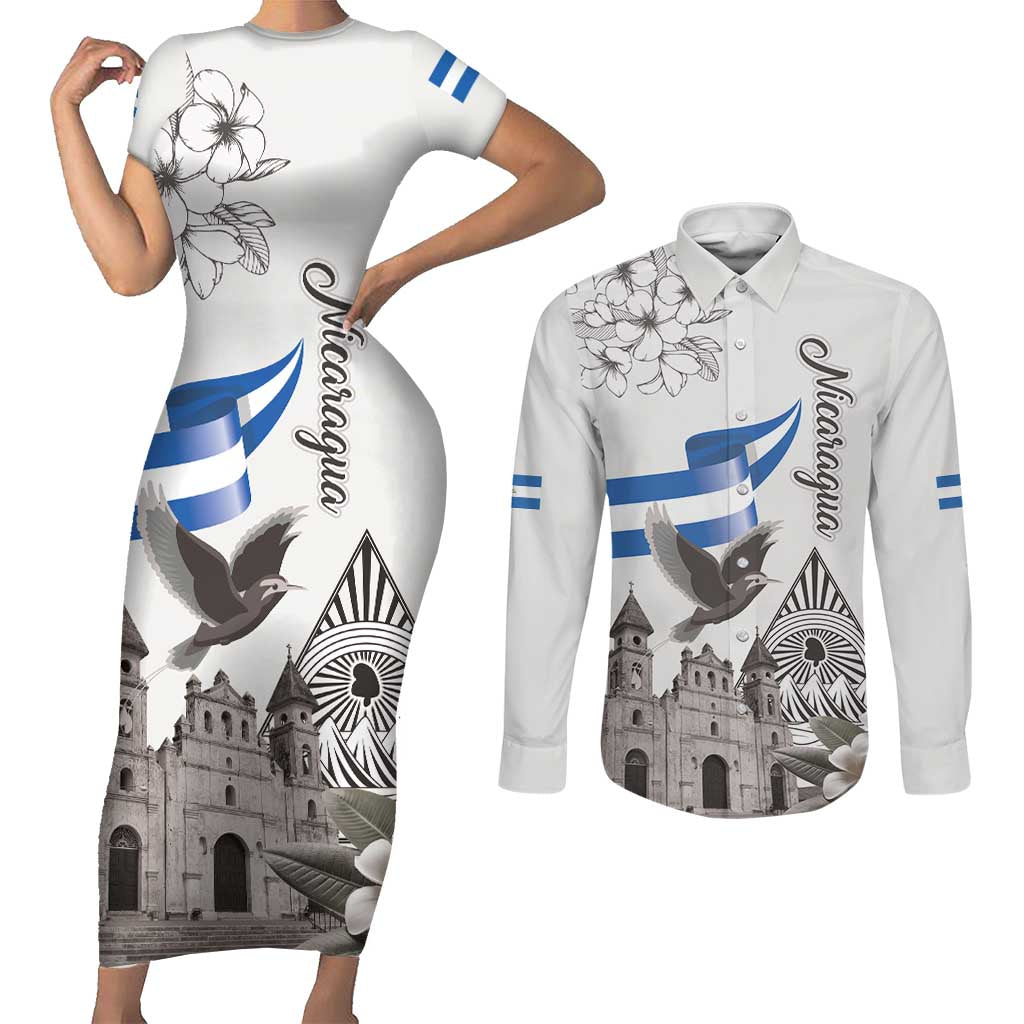 Nicaragua Leon Cathedral Couples Matching Short Sleeve Bodycon Dress and Long Sleeve Button Shirt Motmot with Plumeria Style - Wonder Print Shop