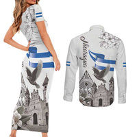 Nicaragua Leon Cathedral Couples Matching Short Sleeve Bodycon Dress and Long Sleeve Button Shirt Motmot with Plumeria Style - Wonder Print Shop