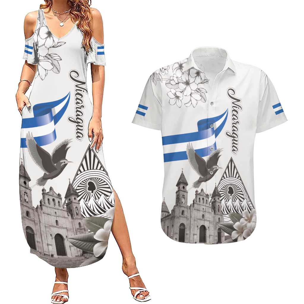 Nicaragua Leon Cathedral Couples Matching Summer Maxi Dress and Hawaiian Shirt Motmot with Plumeria Style - Wonder Print Shop