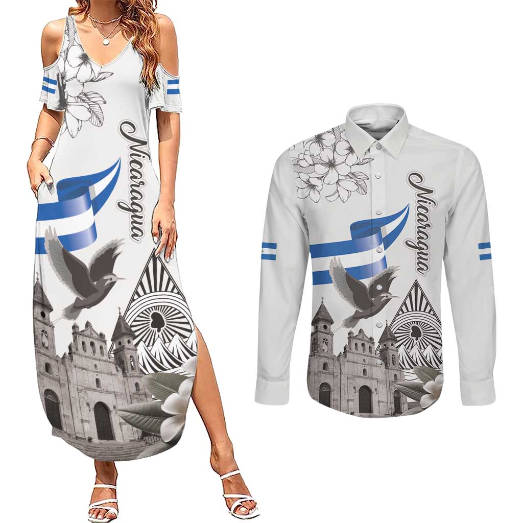 Nicaragua Leon Cathedral Couples Matching Summer Maxi Dress and Long Sleeve Button Shirt Motmot with Plumeria Style - Wonder Print Shop