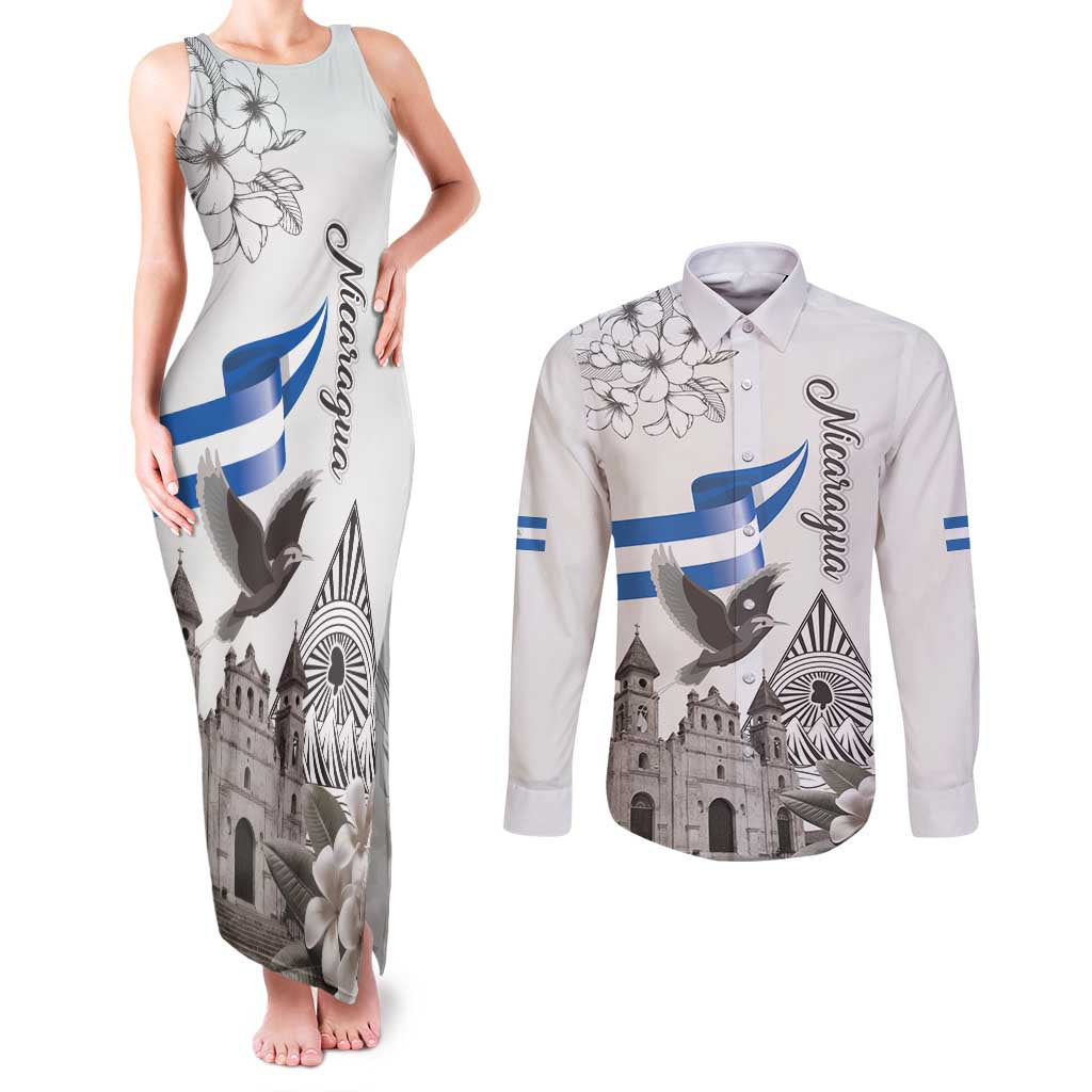 Nicaragua Leon Cathedral Couples Matching Tank Maxi Dress and Long Sleeve Button Shirt Motmot with Plumeria Style - Wonder Print Shop