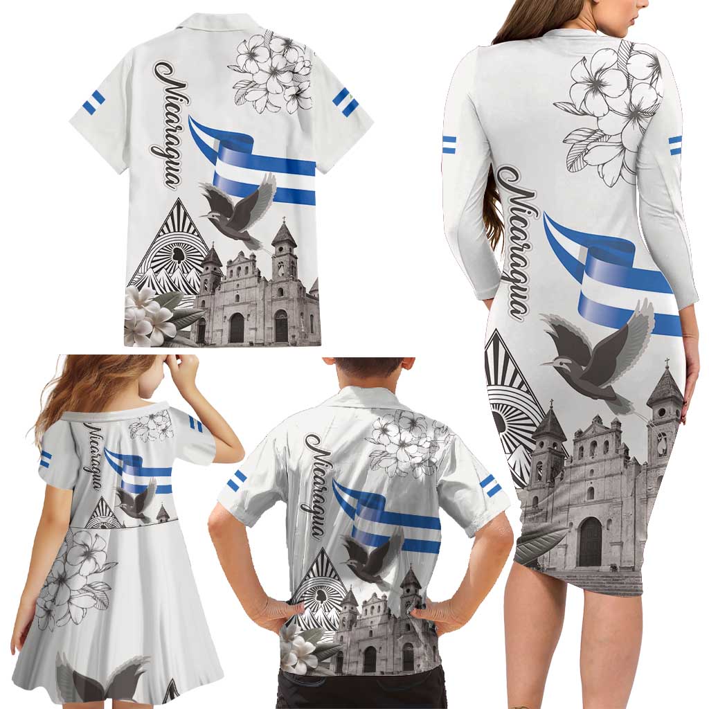 Nicaragua Leon Cathedral Family Matching Long Sleeve Bodycon Dress and Hawaiian Shirt Motmot with Plumeria Style - Wonder Print Shop