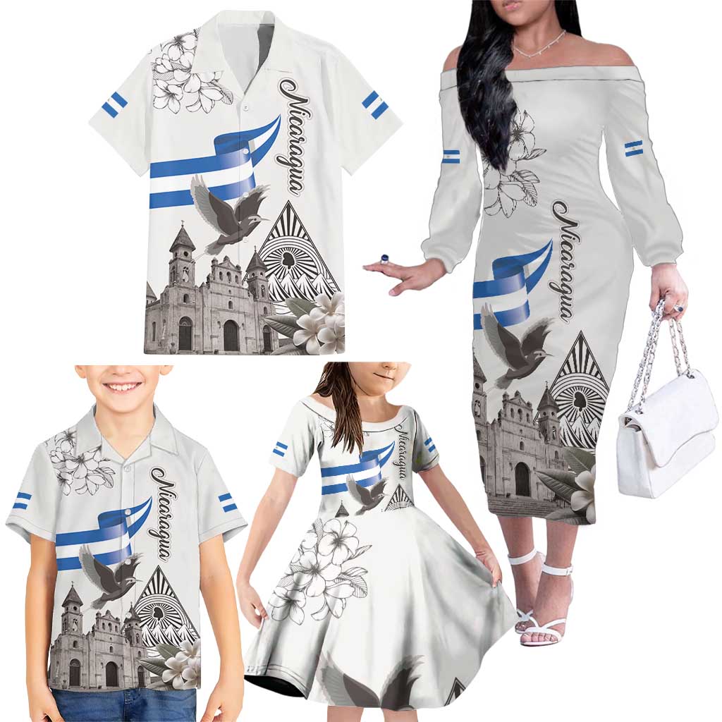 Nicaragua Leon Cathedral Family Matching Off The Shoulder Long Sleeve Dress and Hawaiian Shirt Motmot with Plumeria Style - Wonder Print Shop