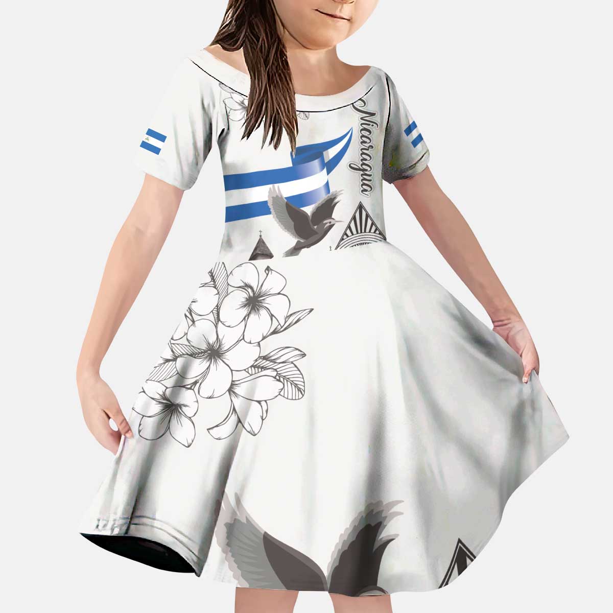 Nicaragua Leon Cathedral Kid Short Sleeve Dress Motmot with Plumeria Style - Wonder Print Shop
