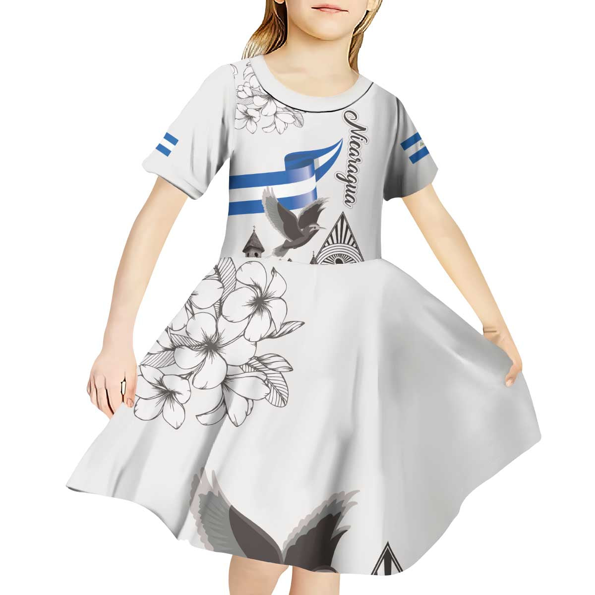 Nicaragua Leon Cathedral Kid Short Sleeve Dress Motmot with Plumeria Style - Wonder Print Shop