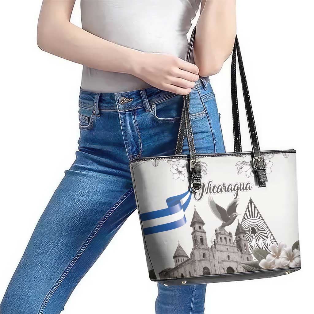 Nicaragua Leon Cathedral Leather Tote Bag Motmot with Plumeria Style - Wonder Print Shop