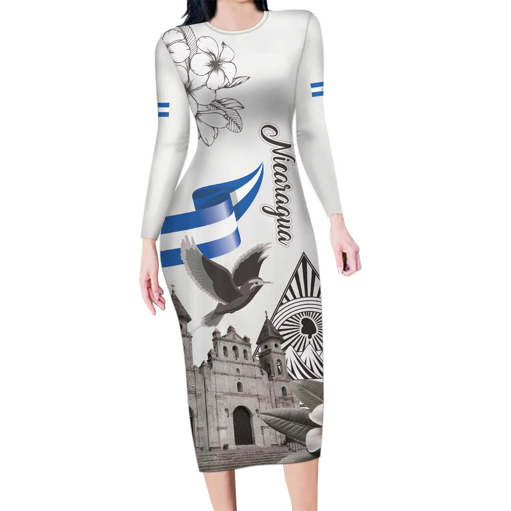 Nicaragua Leon Cathedral Long Sleeve Bodycon Dress Motmot with Plumeria Style - Wonder Print Shop