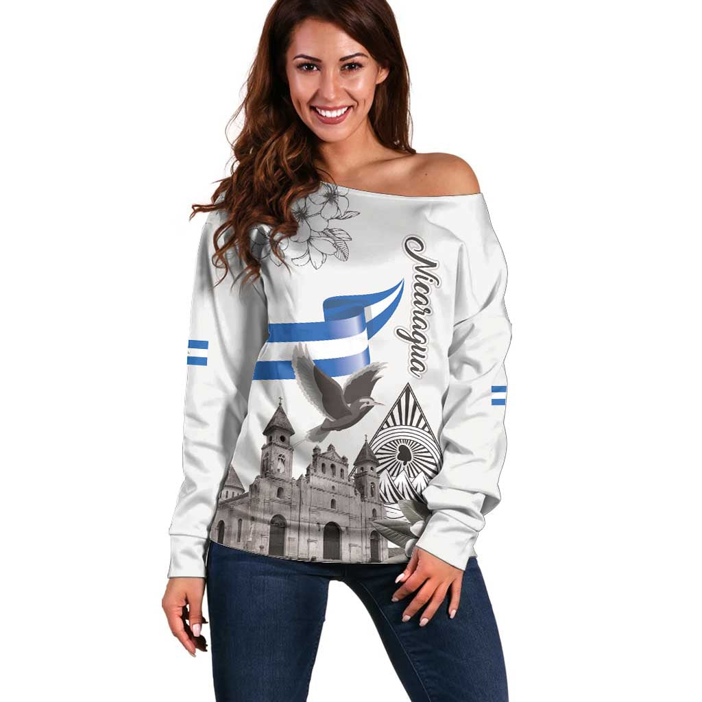 Nicaragua Leon Cathedral Off Shoulder Sweater Motmot with Plumeria Style - Wonder Print Shop