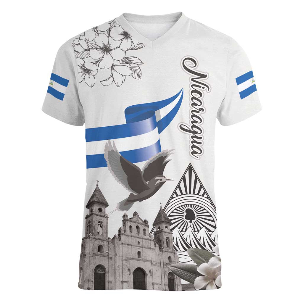 Nicaragua Leon Cathedral Women V-Neck T-Shirt Motmot with Plumeria Style - Wonder Print Shop