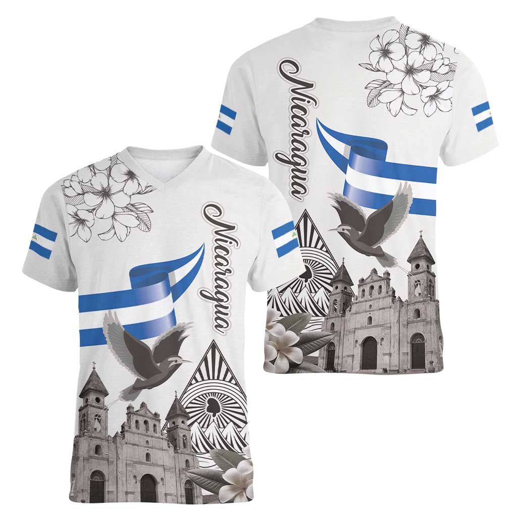 Nicaragua Leon Cathedral Women V-Neck T-Shirt Motmot with Plumeria Style - Wonder Print Shop