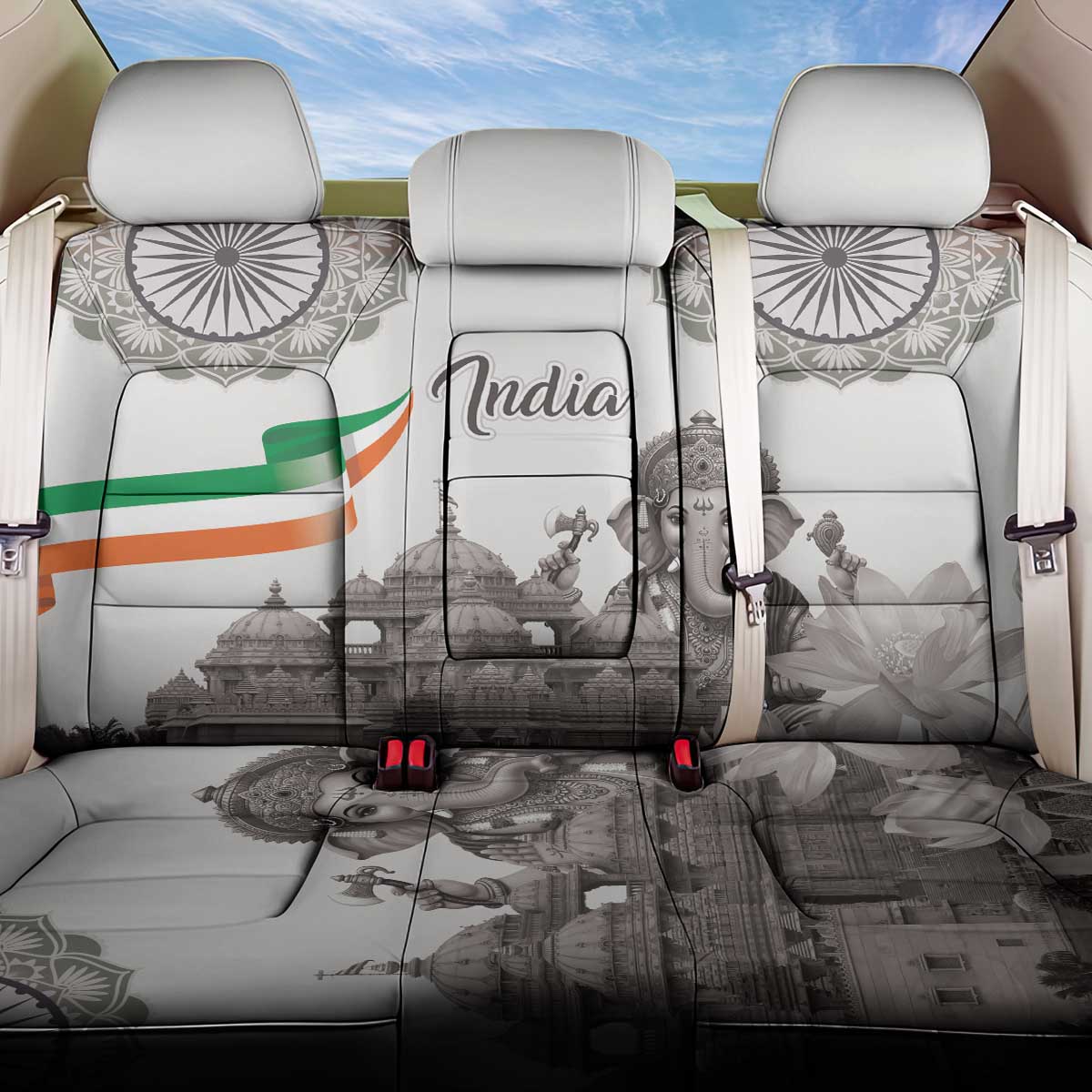India Ganesha and Akshardham Back Car Seat Cover Lord Ganpati Lotus Flag Style - Wonder Print Shop
