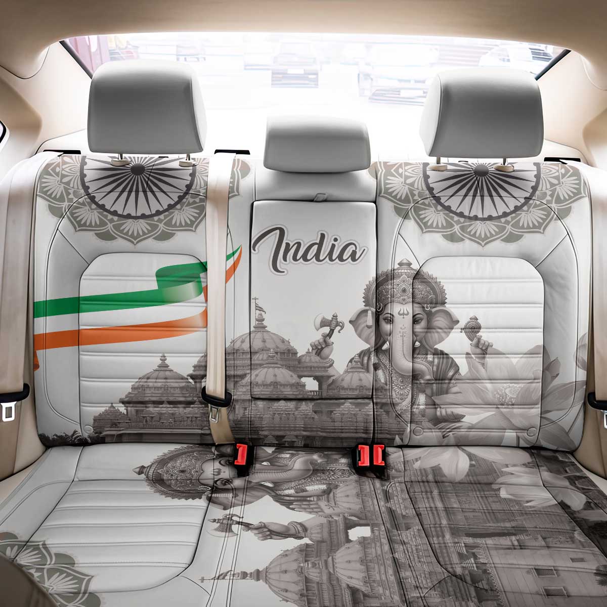 India Ganesha and Akshardham Back Car Seat Cover Lord Ganpati Lotus Flag Style - Wonder Print Shop