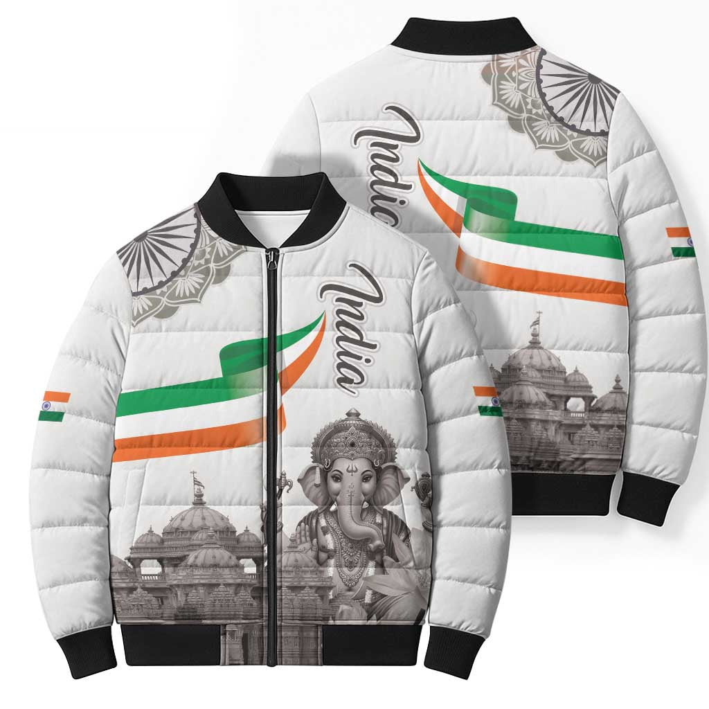 India Ganesha and Akshardham Bomber Puffer Jacket Lord Ganpati Lotus Flag Style - Wonder Print Shop