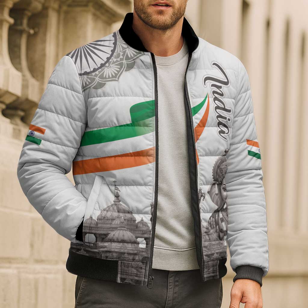 India Ganesha and Akshardham Bomber Puffer Jacket Lord Ganpati Lotus Flag Style - Wonder Print Shop