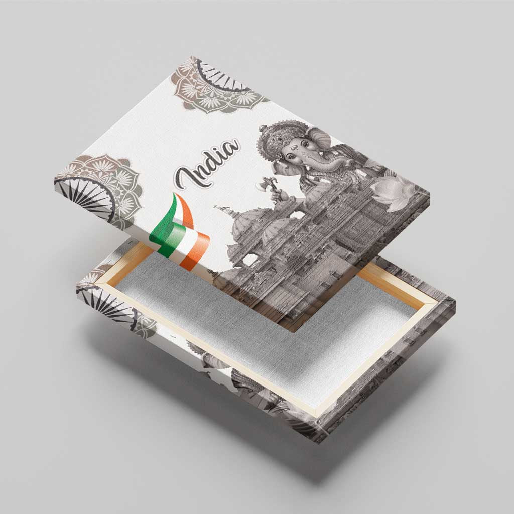 India Ganesha and Akshardham Canvas Wall Art Lord Ganpati Lotus Flag Style - Wonder Print Shop