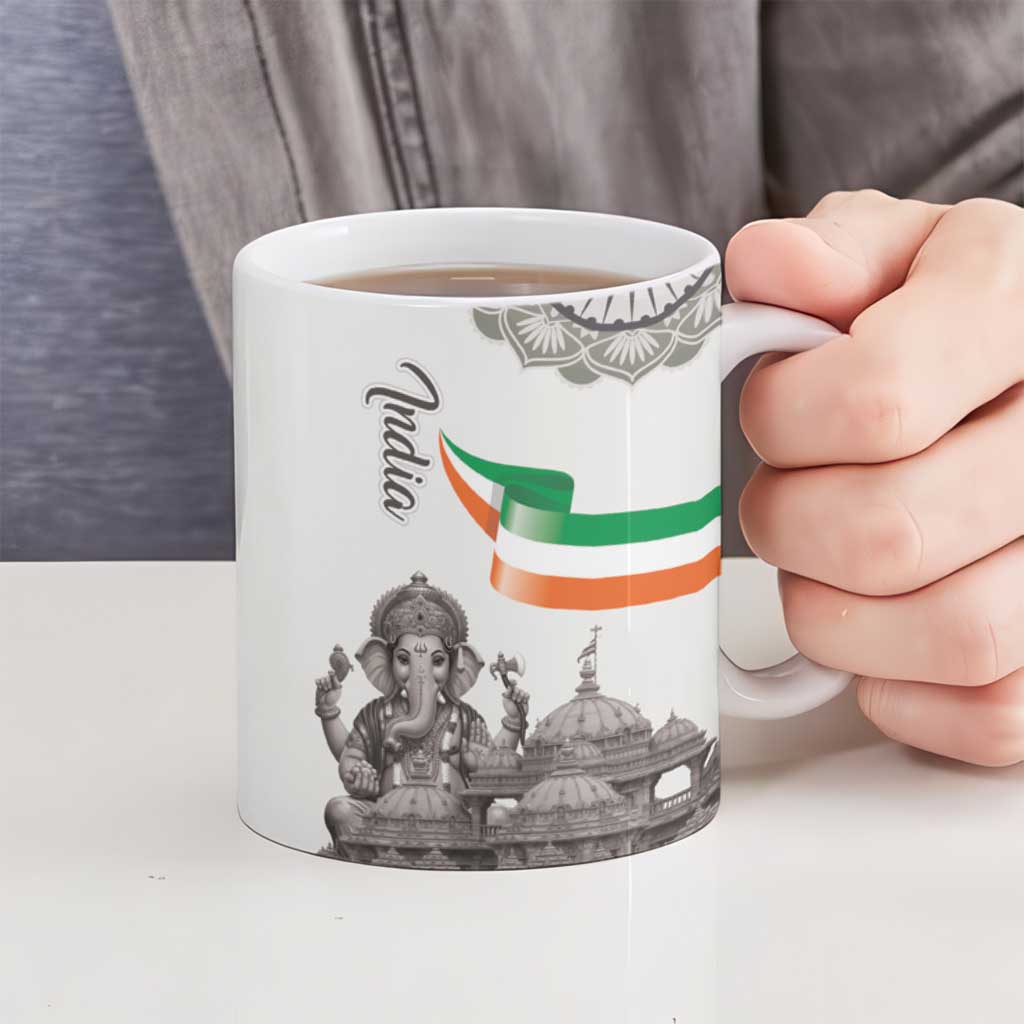 India Ganesha and Akshardham Ceramic Mug Lord Ganpati Lotus Flag Style - Wonder Print Shop