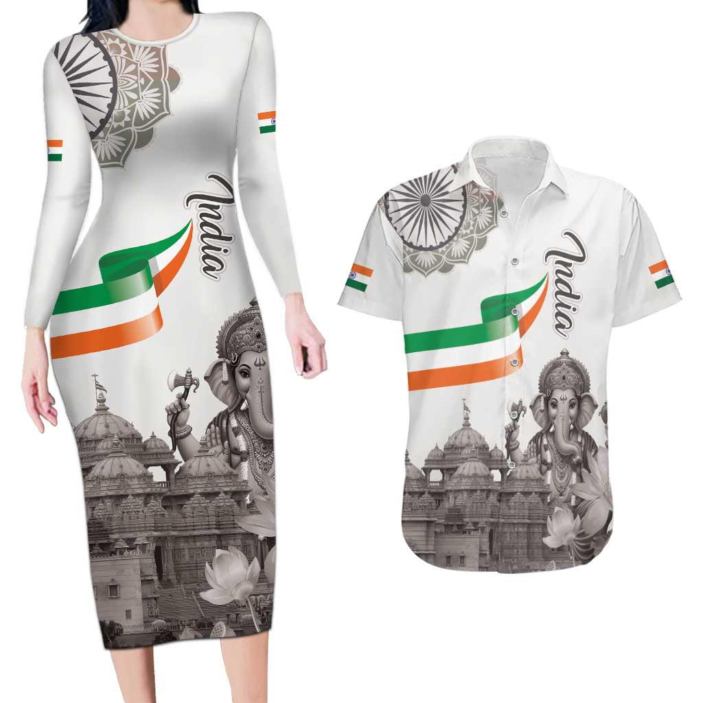 India Ganesha and Akshardham Couples Matching Long Sleeve Bodycon Dress and Hawaiian Shirt Lord Ganpati Lotus Flag Style - Wonder Print Shop