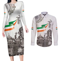 India Ganesha and Akshardham Couples Matching Long Sleeve Bodycon Dress and Long Sleeve Button Shirt Lord Ganpati Lotus Flag Style - Wonder Print Shop