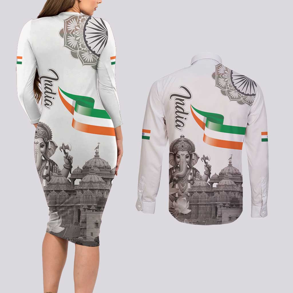 India Ganesha and Akshardham Couples Matching Long Sleeve Bodycon Dress and Long Sleeve Button Shirt Lord Ganpati Lotus Flag Style - Wonder Print Shop