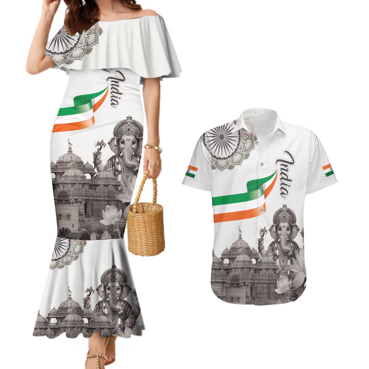 India Ganesha and Akshardham Couples Matching Mermaid Dress and Hawaiian Shirt Lord Ganpati Lotus Flag Style - Wonder Print Shop
