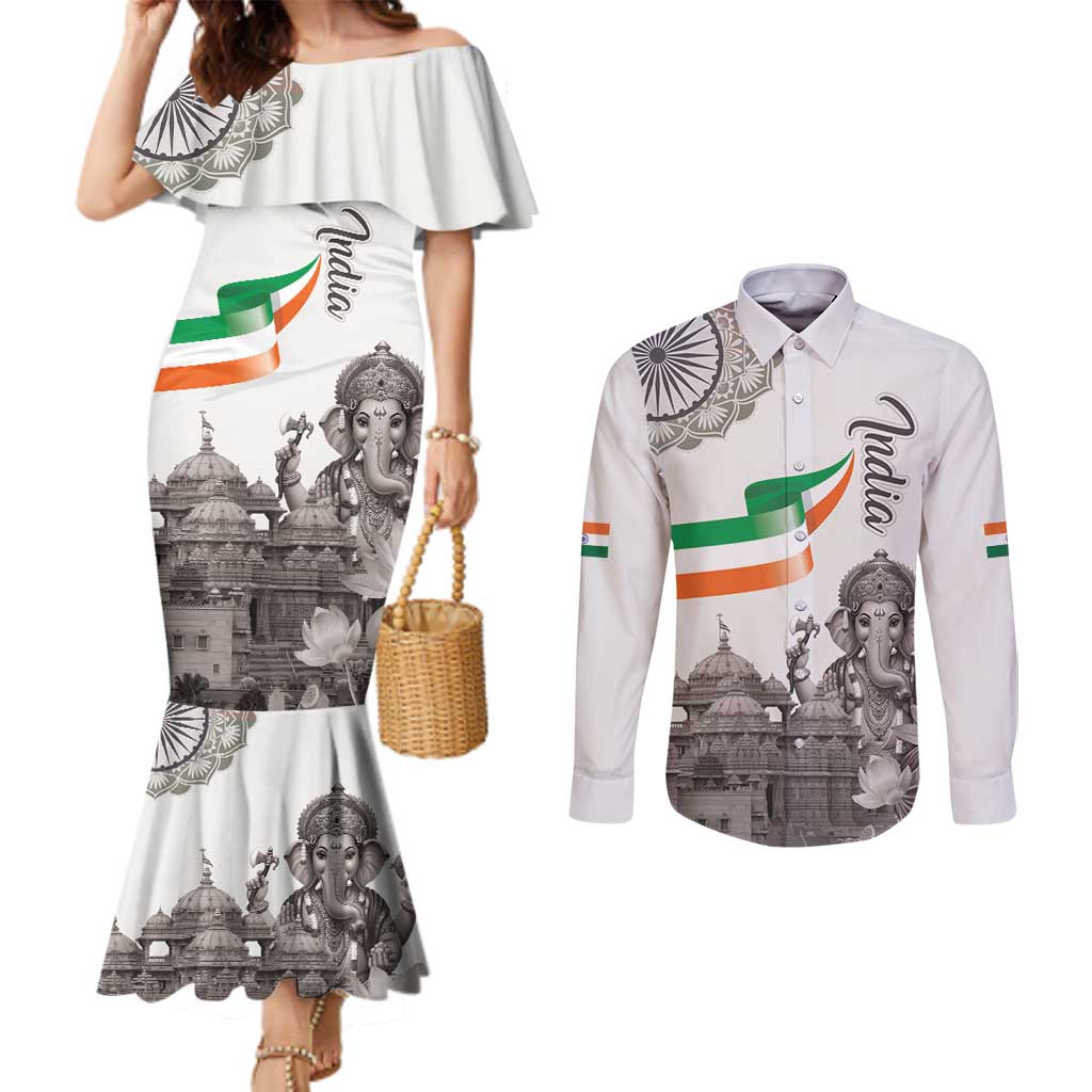 India Ganesha and Akshardham Couples Matching Mermaid Dress and Long Sleeve Button Shirt Lord Ganpati Lotus Flag Style - Wonder Print Shop