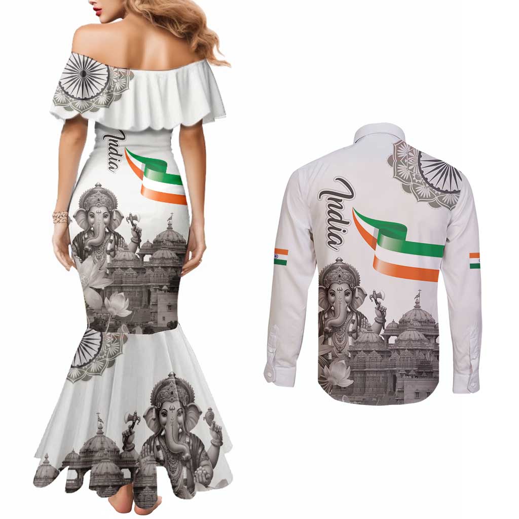 India Ganesha and Akshardham Couples Matching Mermaid Dress and Long Sleeve Button Shirt Lord Ganpati Lotus Flag Style - Wonder Print Shop