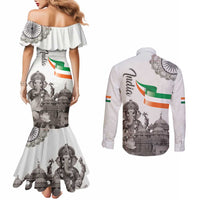 India Ganesha and Akshardham Couples Matching Mermaid Dress and Long Sleeve Button Shirt Lord Ganpati Lotus Flag Style - Wonder Print Shop